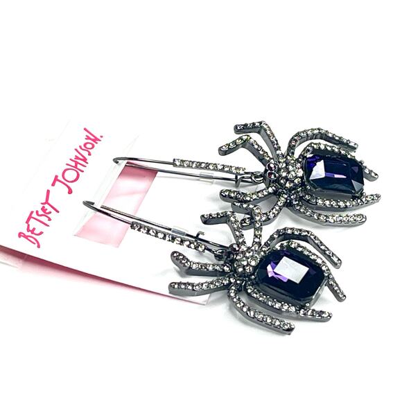 Betsey Johnson Purple Gem SPIDER Dangle Drop EARRINGS Crystal Glass Halloween - Picture 5 of 6